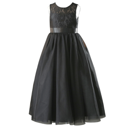 Mesh Bow Lace Sleeveless Maxi Dresses - Black - 13-14Y - image 11
