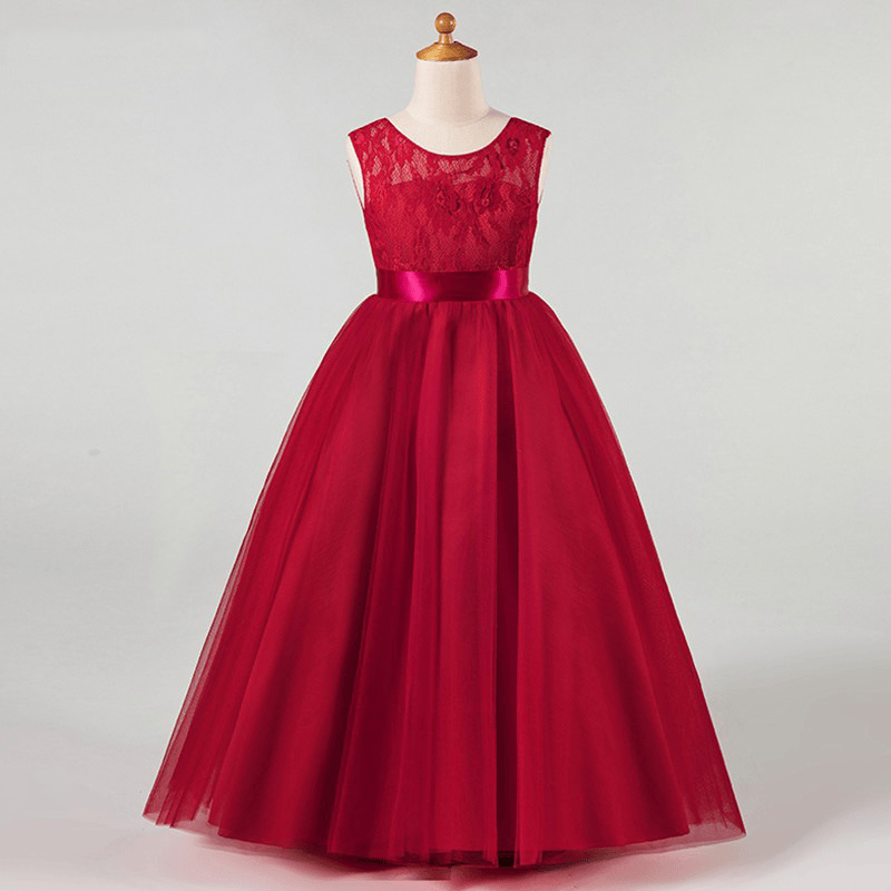 Mesh Bow Lace Sleeveless Maxi Dresses - Wine - 13-14Y - image 4