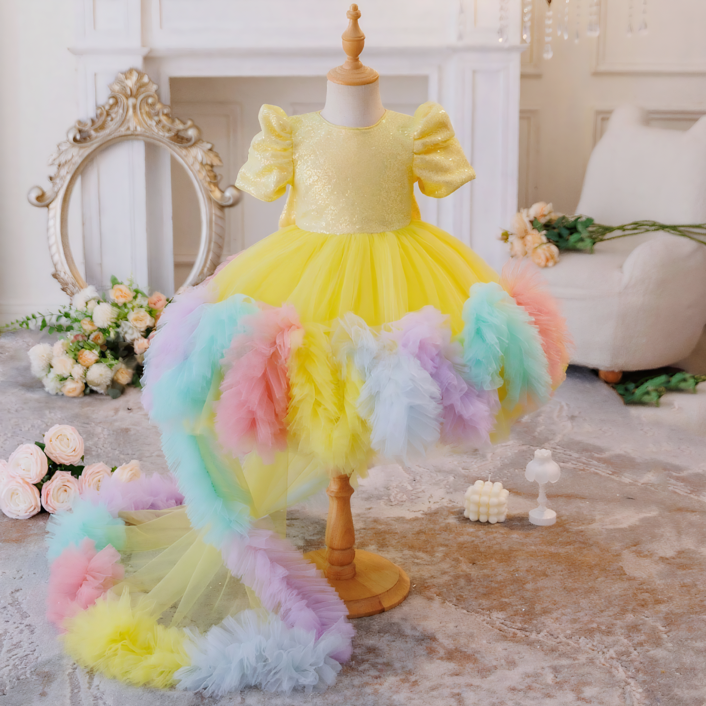 Mesh  Rosette Short Sleeve Midi Dresses - Yellow - 6Y - image 8