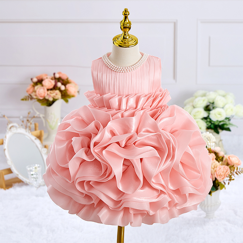 Organza Imitation Pearls Rosette Sleeveless Midi Dresses - Pink - 7Y - image 1