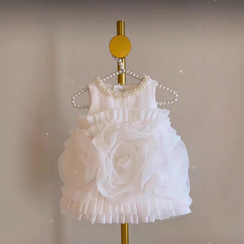 Organza Imitation Pearls Rosette Sleeveless Midi Dresses - White - 7Y - image 7