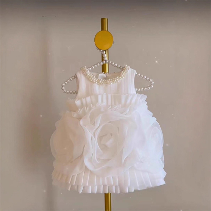 Organza Imitation Pearls Rosette Sleeveless Midi Dresses - White - 7Y - image 7