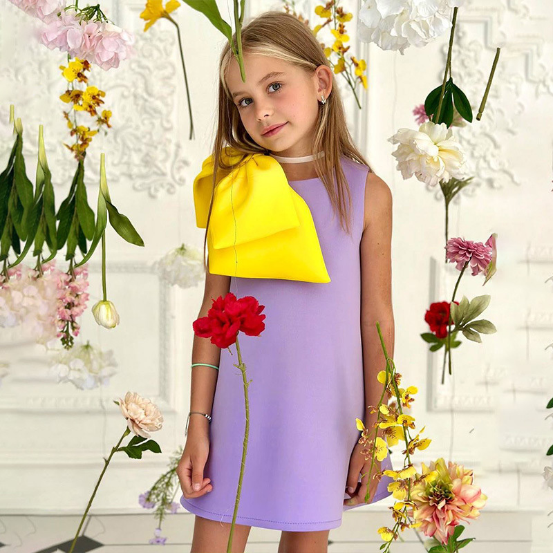 SCUBA KNIT Bow Sleeveless Midi Dresses - Purple Yellow - 10-11Y - image 2