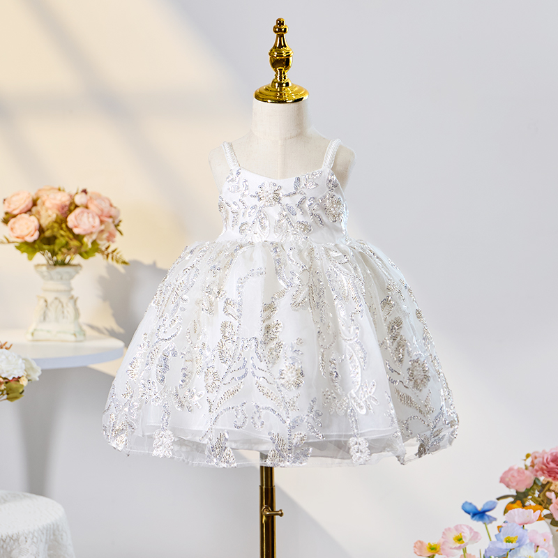 Glitter Sequins Bow Sleeveless Midi Dresses - White Sequin With Tail - 8Y - image 3