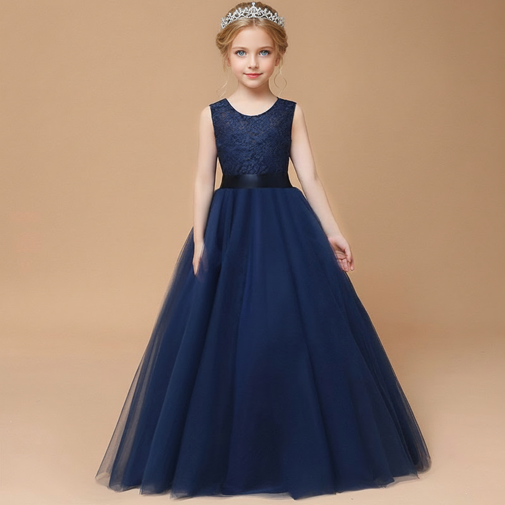 Mesh Bow Lace Sleeveless Maxi Dresses - Navy Blue - 13-14Y - image 6