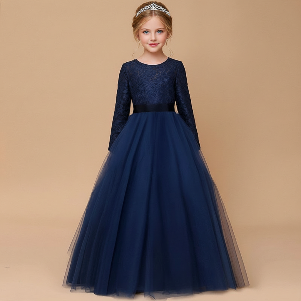 Mesh Bow Lace Sleeveless Maxi Dresses - Navy Blue Long Sleeved - 13-14Y - image 10