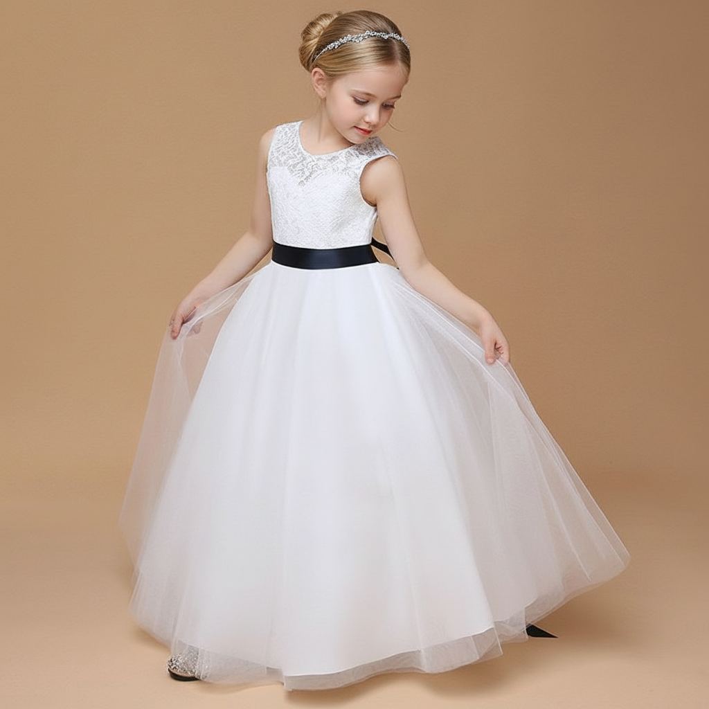 Mesh Bow Lace Sleeveless Maxi Dresses - Light Beige+Navy Blue Belt - 13-14Y - image 1