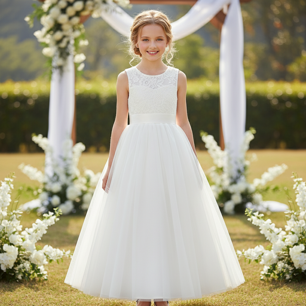 Mesh Bow Lace Sleeveless Maxi Dresses - Light Beige+Beige Waist Belt - 13-14Y - image 2
