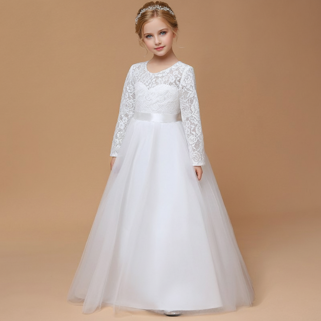 Mesh Bow Lace Sleeveless Maxi Dresses - Shallow White Long Sleeved - 13-14Y - image 3