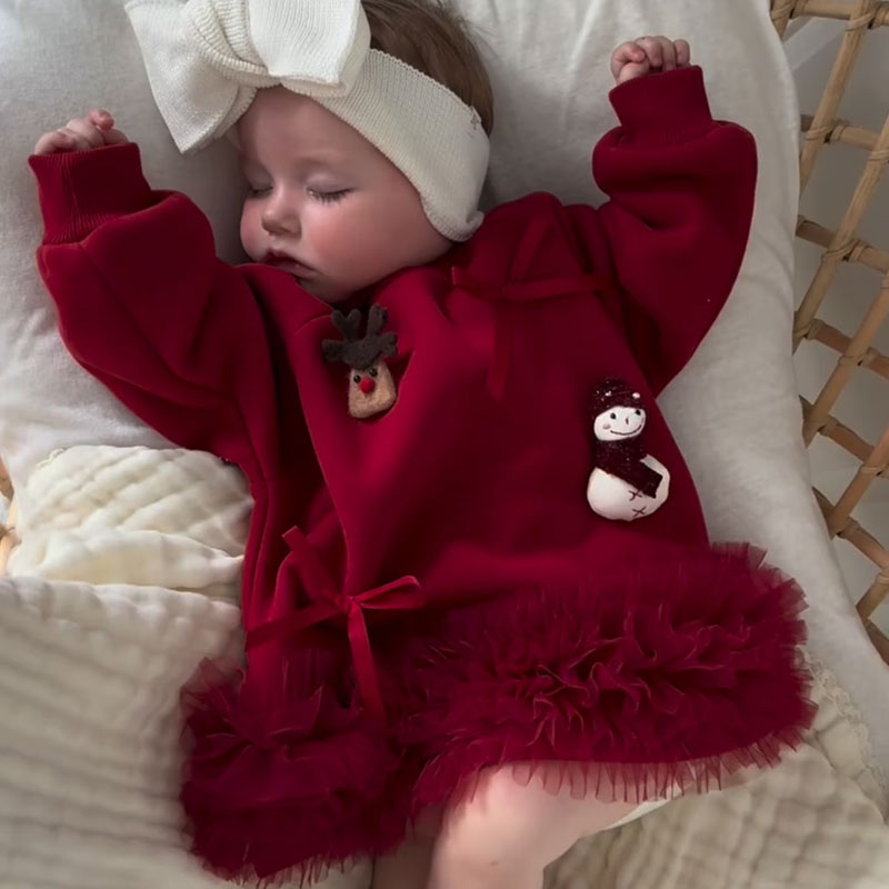 100% Cotton Christmas Snowman Deer Bow Long Sleeve Mid-long Dresses - image 1