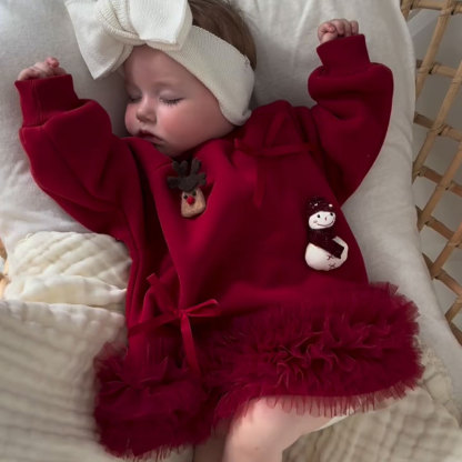 100% Cotton Christmas Snowman Deer Bow Long Sleeve Mid-long Dresses - image 1