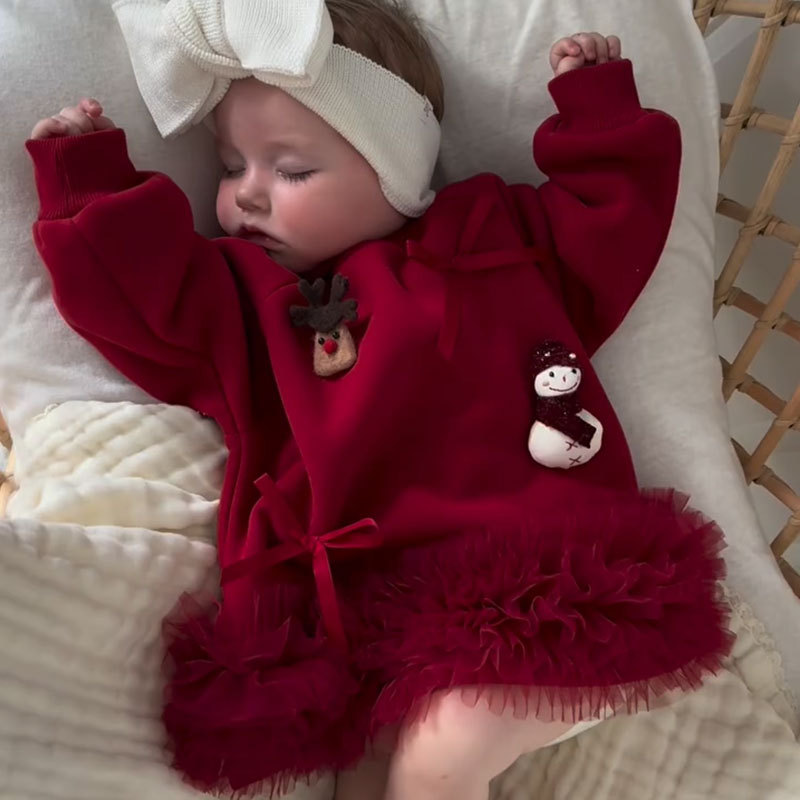 100% Cotton Christmas Snowman Deer Bow Long Sleeve Mid-long Dresses - image 1