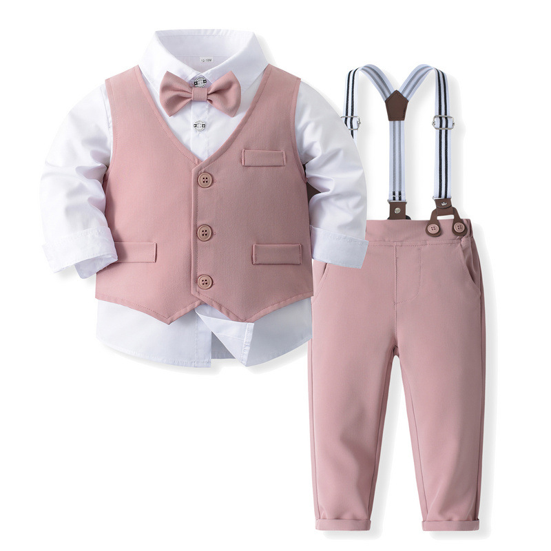 Cotton Bow Overalls Long Sleeve Regular 3-piece Formal Suit - Pink - 5Y - image 1
