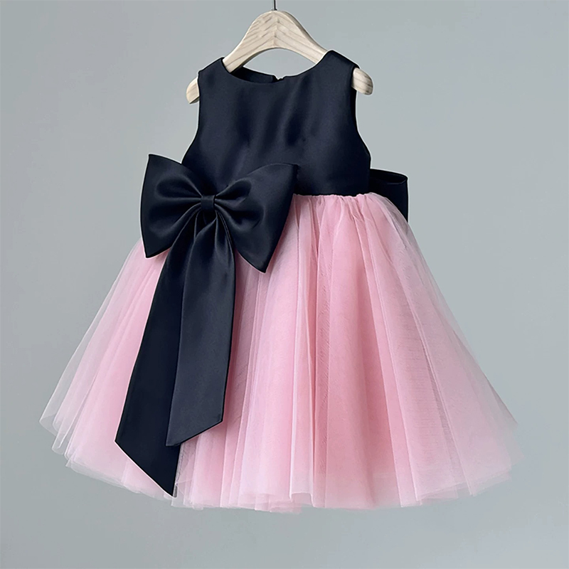 Mesh Bow Sleeveless Midi Dresses - Black&Pink - 6-7Y - image 1