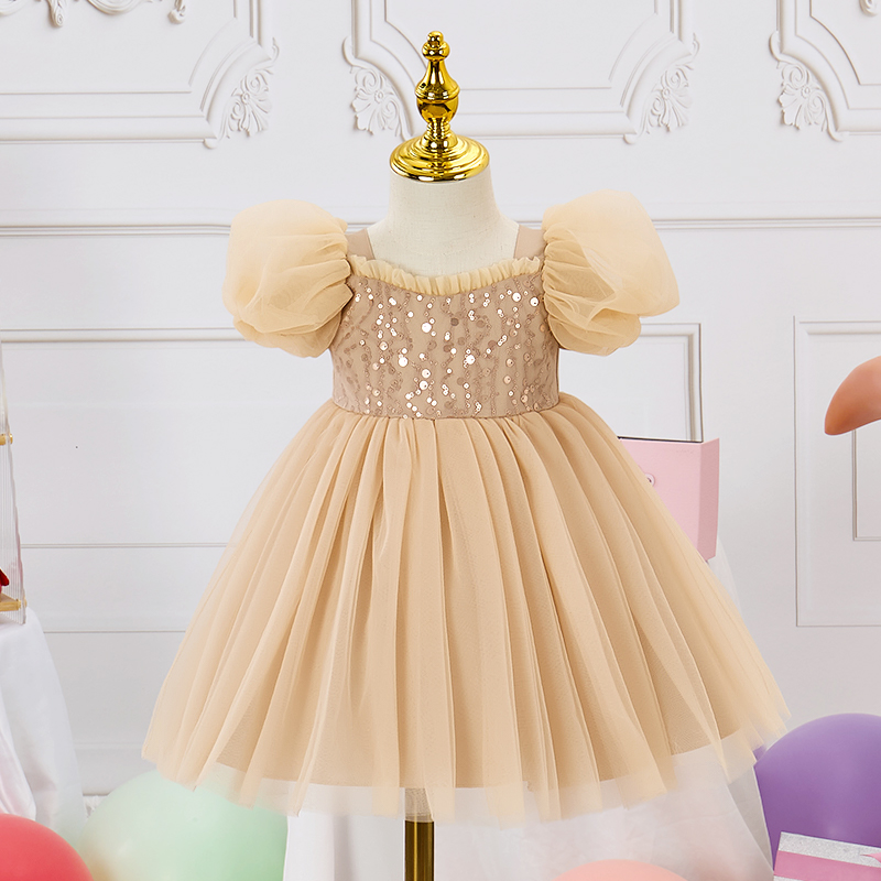 Mesh Split Joint Short Sleeve Midi Dresses - Champagne - 4Y - image 1