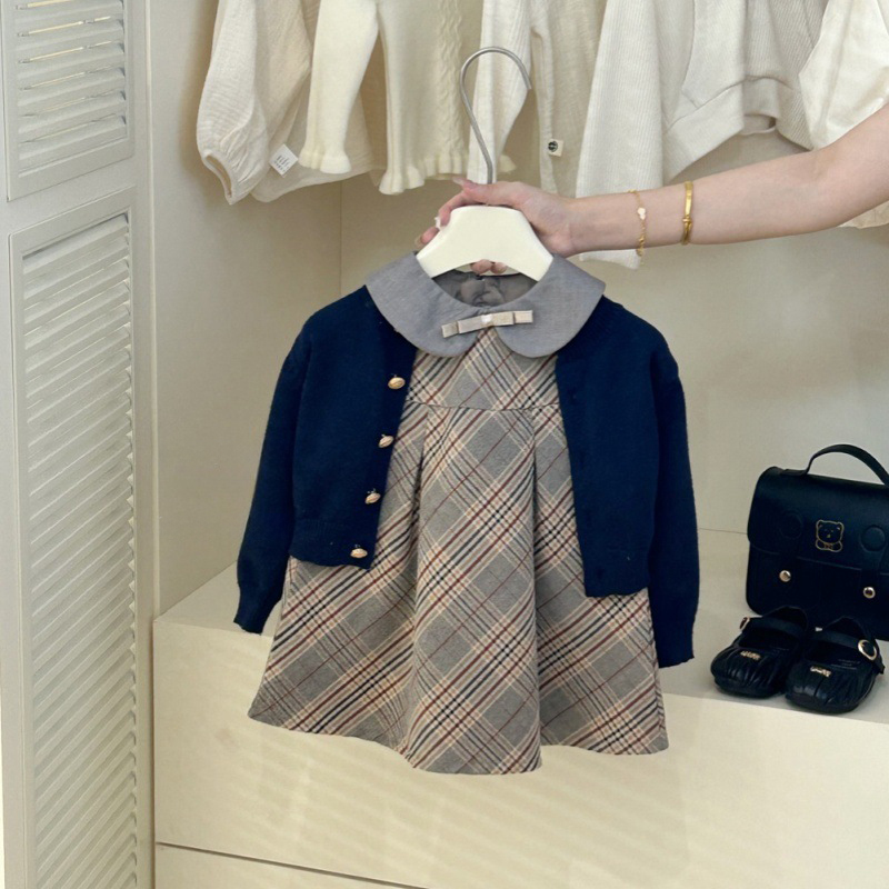 Chemical Fiber Blend Split Joint Sleeveless Midi Two-piece Set - Blue Cardigan - 5-7Y - image 1