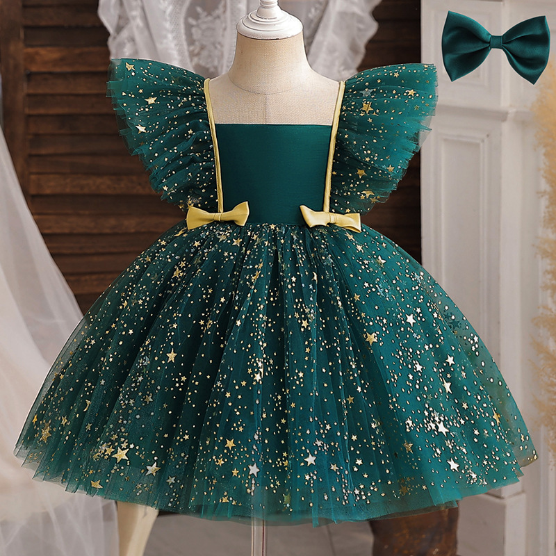 Mesh Bow Cap Sleeve Midi Dresses - Dark Green - 4-5Y - image 1
