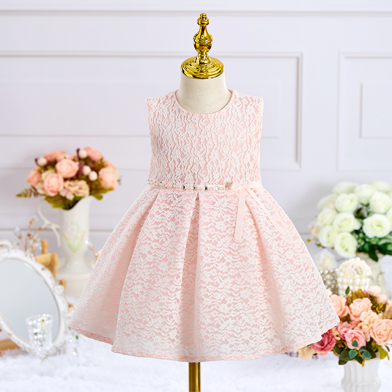 Lace Imitation Pearls Bow Sleeveless Mid-long Dresses - Pink - 24M - image 1