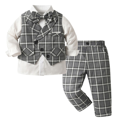 Cotton Bow Long Sleeve Regular 3-piece Formal Suit - Grey - 6-7Y - image 1