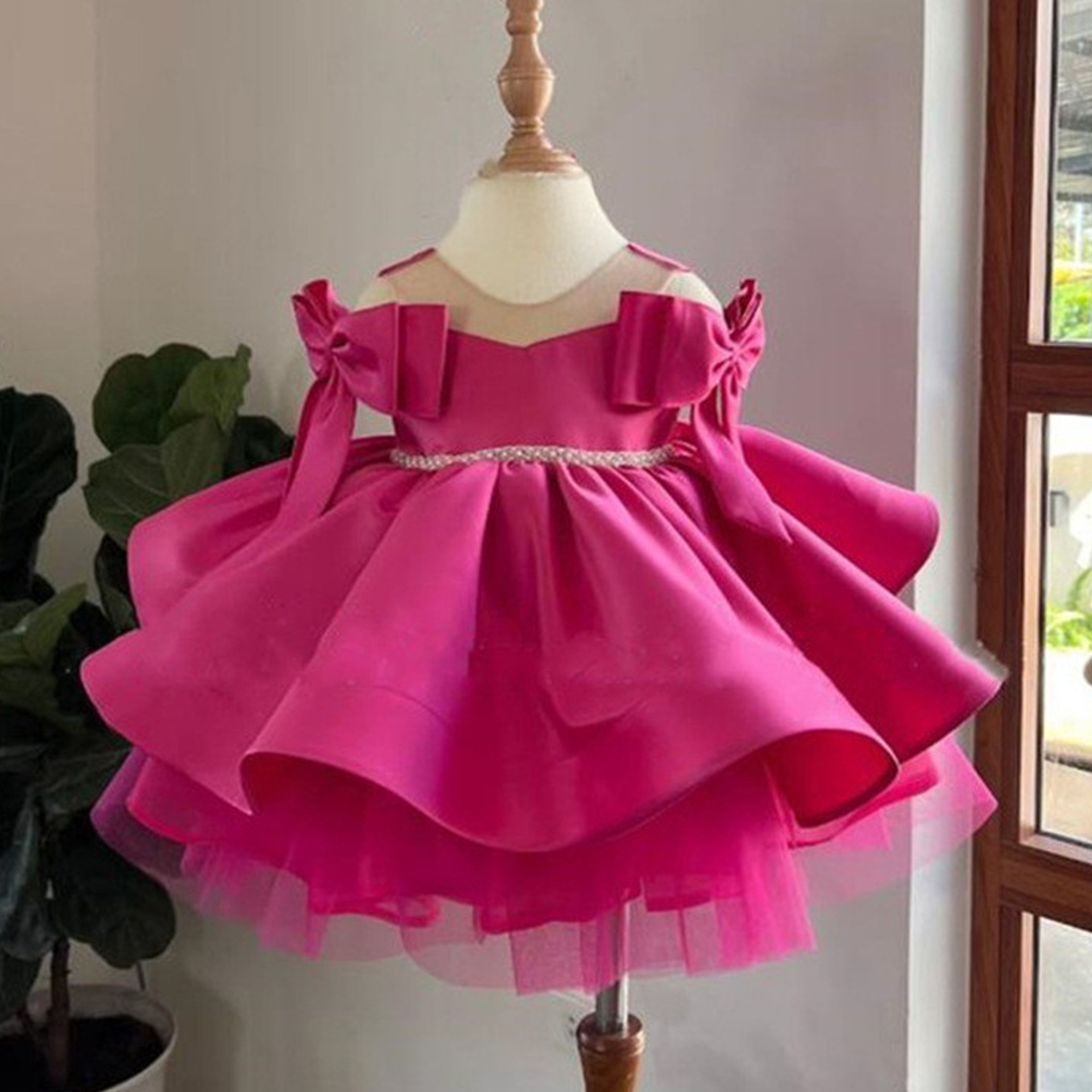 Satin Bow Sleeveless Midi Dresses - Rose - 7-9Y - image 1