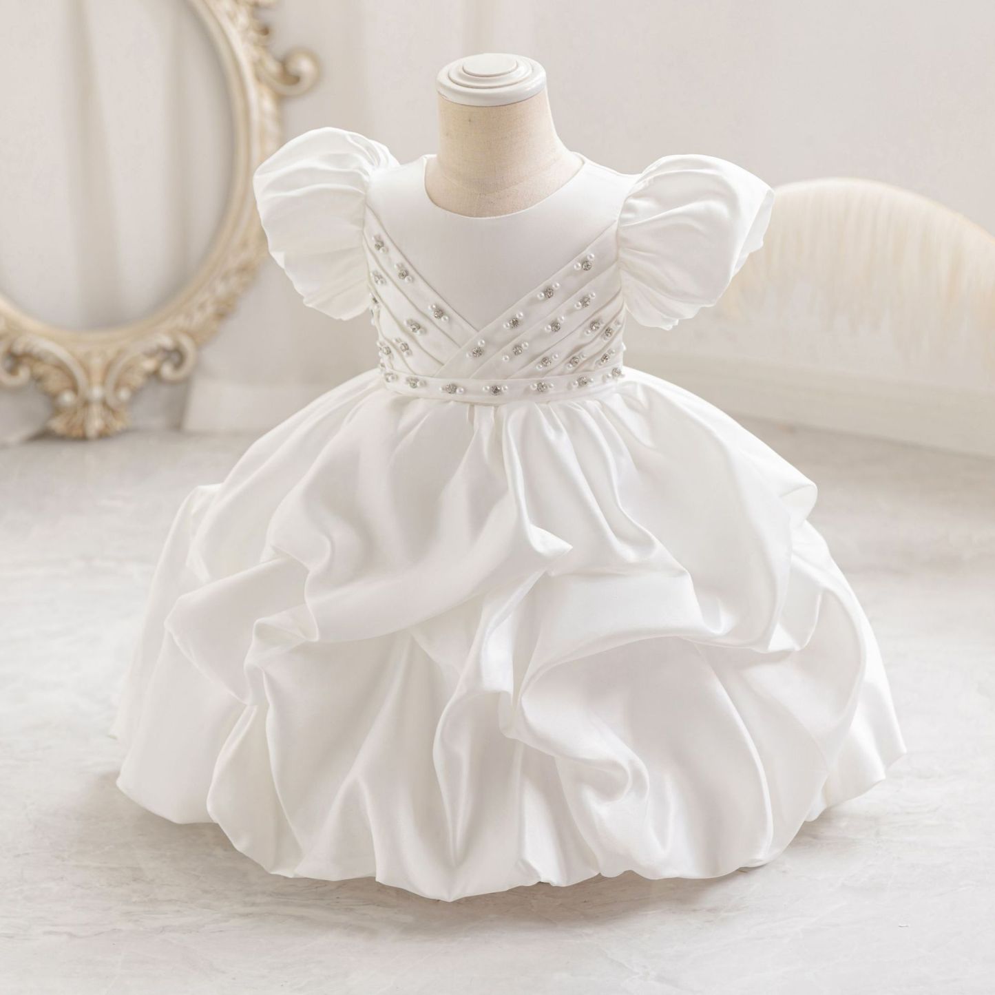 Satin Pearl Short Sleeve Midi Dresses - White - 6-7Y - image 8