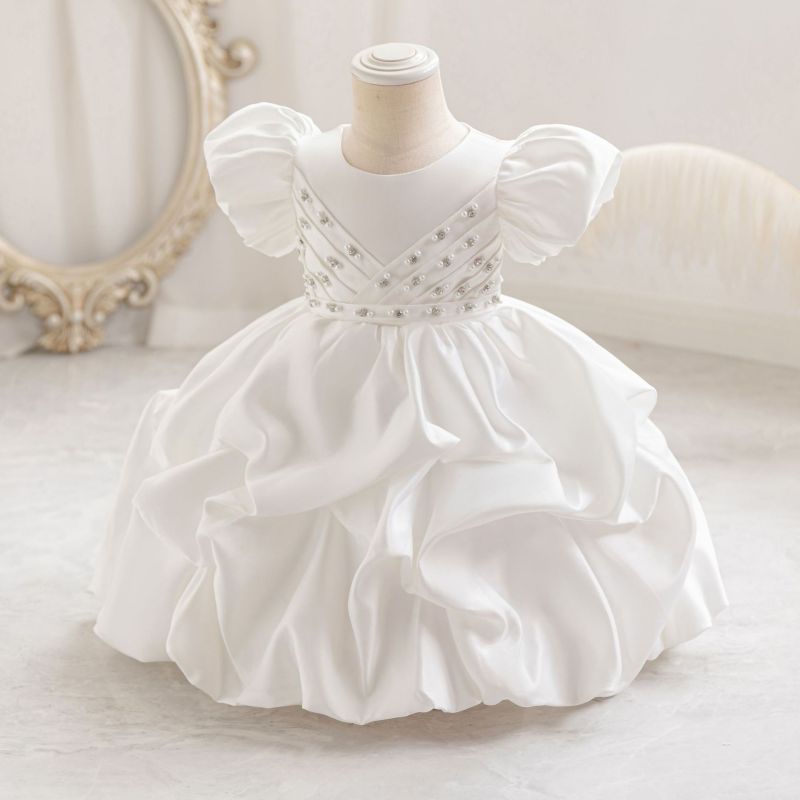 Satin Pearl Short Sleeve Midi Dresses - White - 6-7Y - image 8