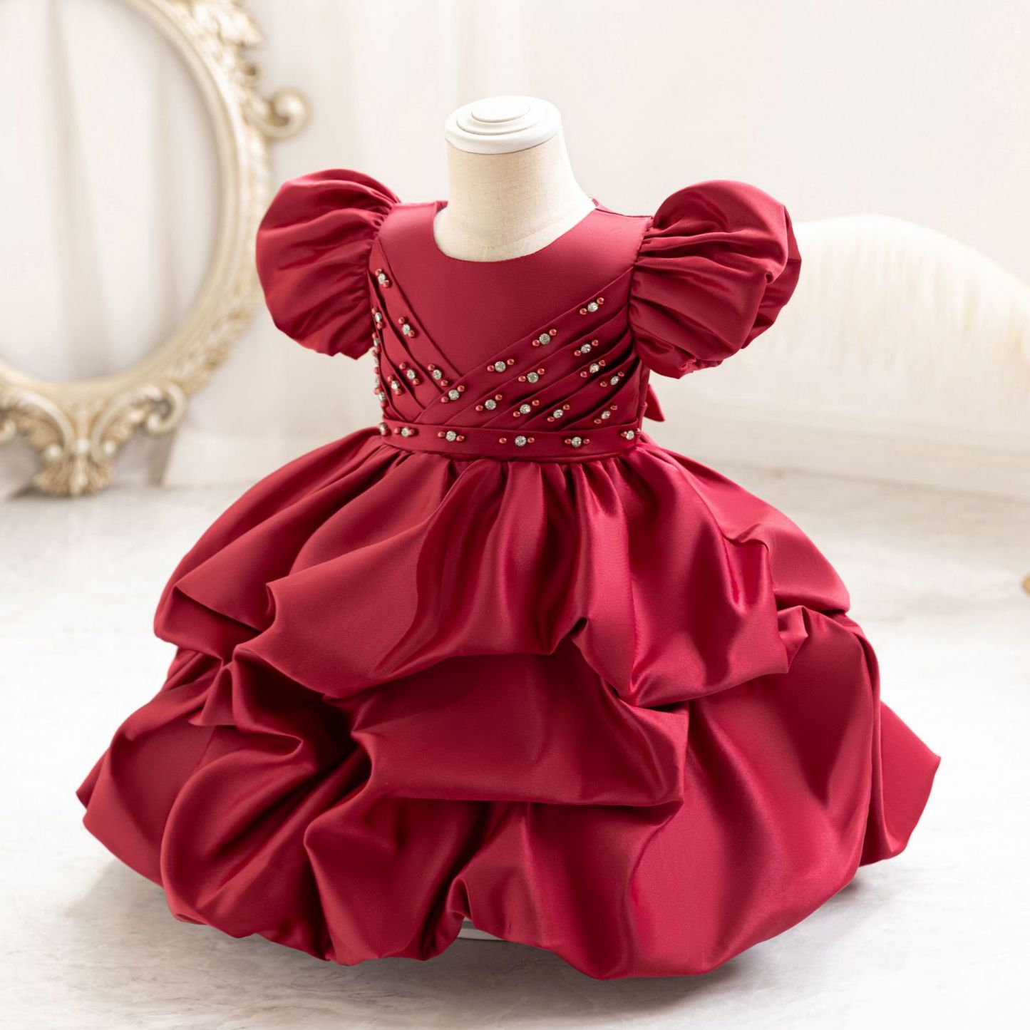 Satin Pearl Short Sleeve Midi Dresses - Red - 6-7Y - image 4