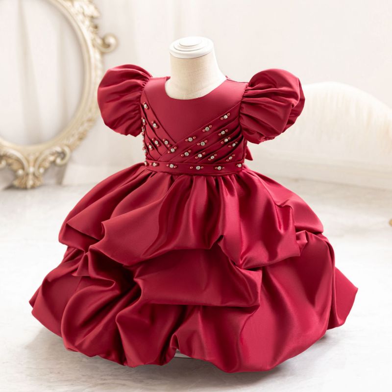 Satin Pearl Short Sleeve Midi Dresses - Red - 6-7Y - image 4