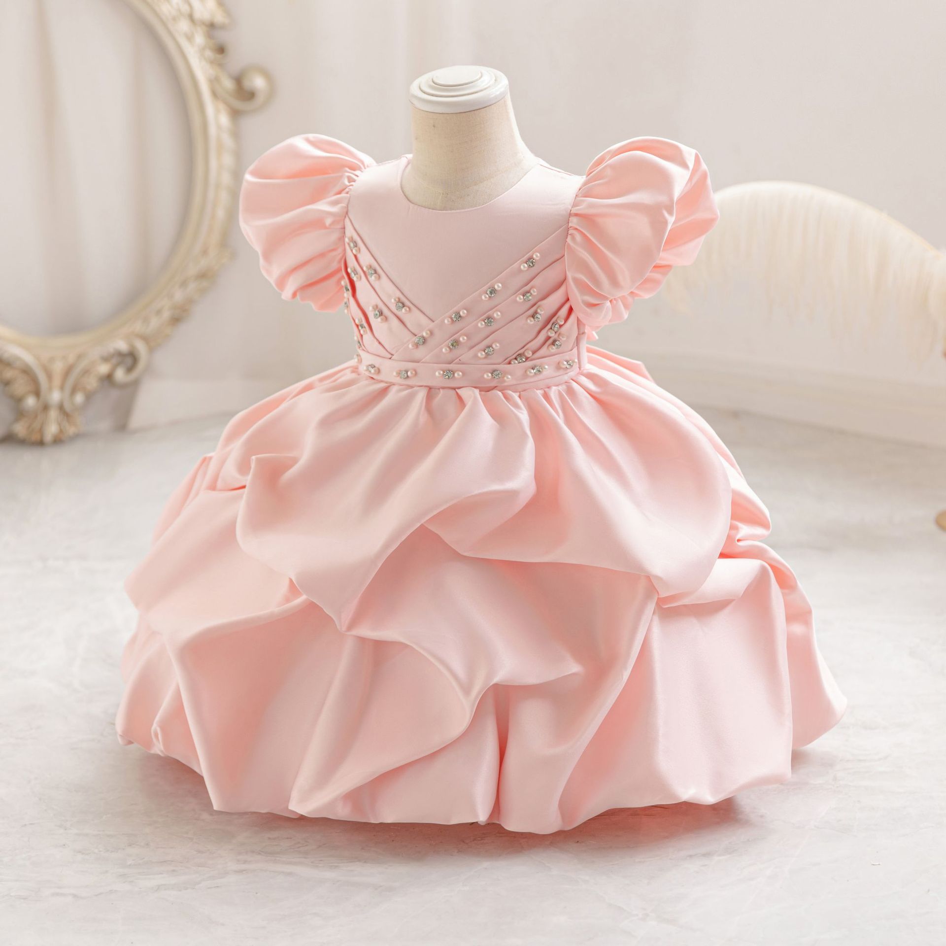 Satin Pearl Short Sleeve Midi Dresses - Light Pink - 6-7Y - image 1
