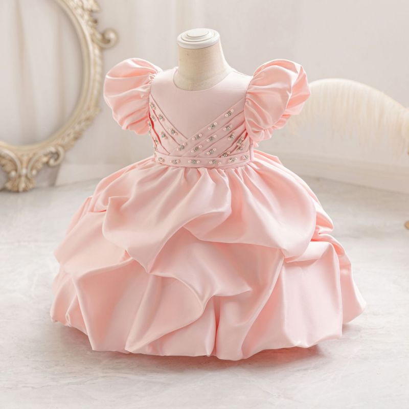 Satin Pearl Short Sleeve Midi Dresses - Light Pink - 6-7Y - image 1