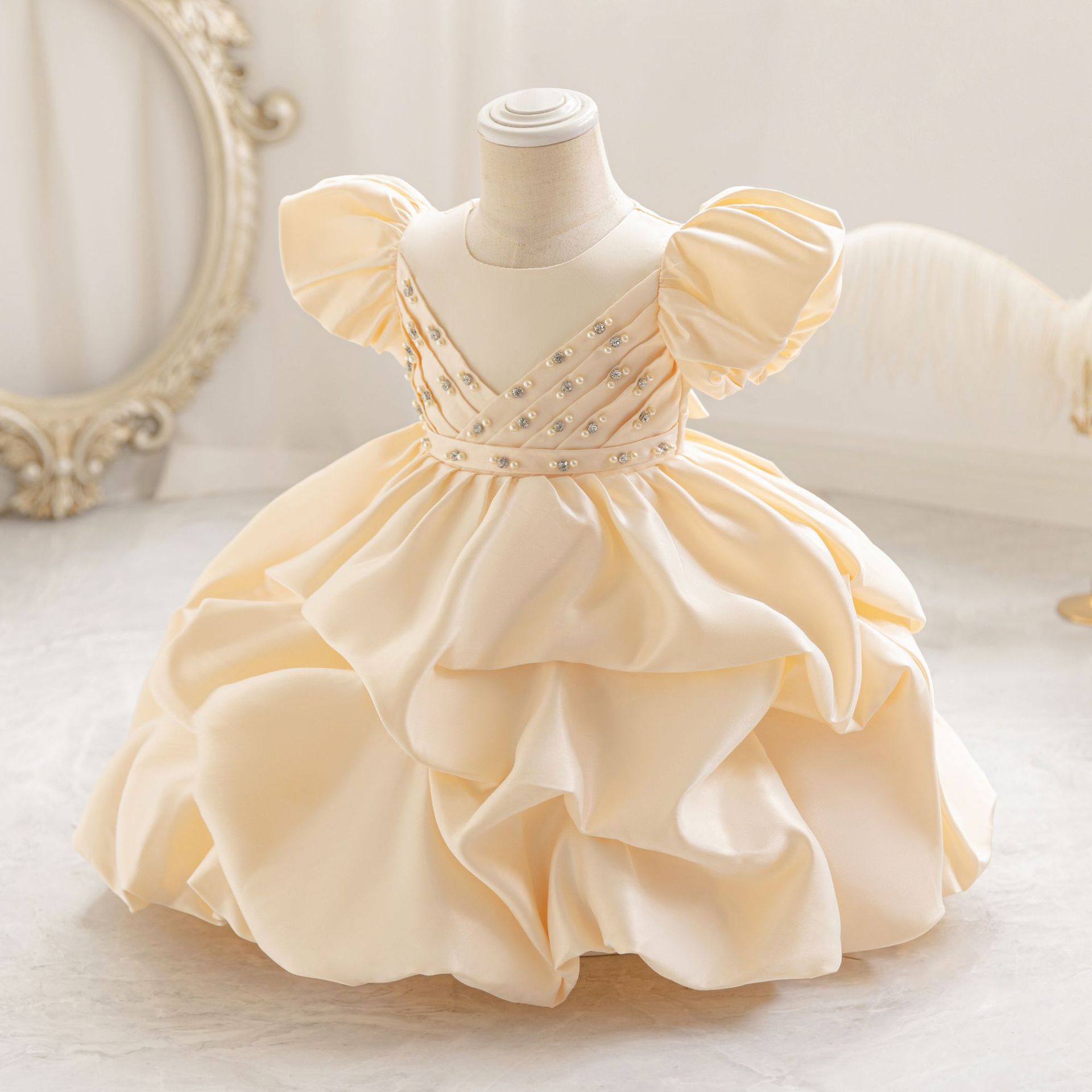 Satin Pearl Short Sleeve Midi Dresses - Champagne - 6-7Y - image 11