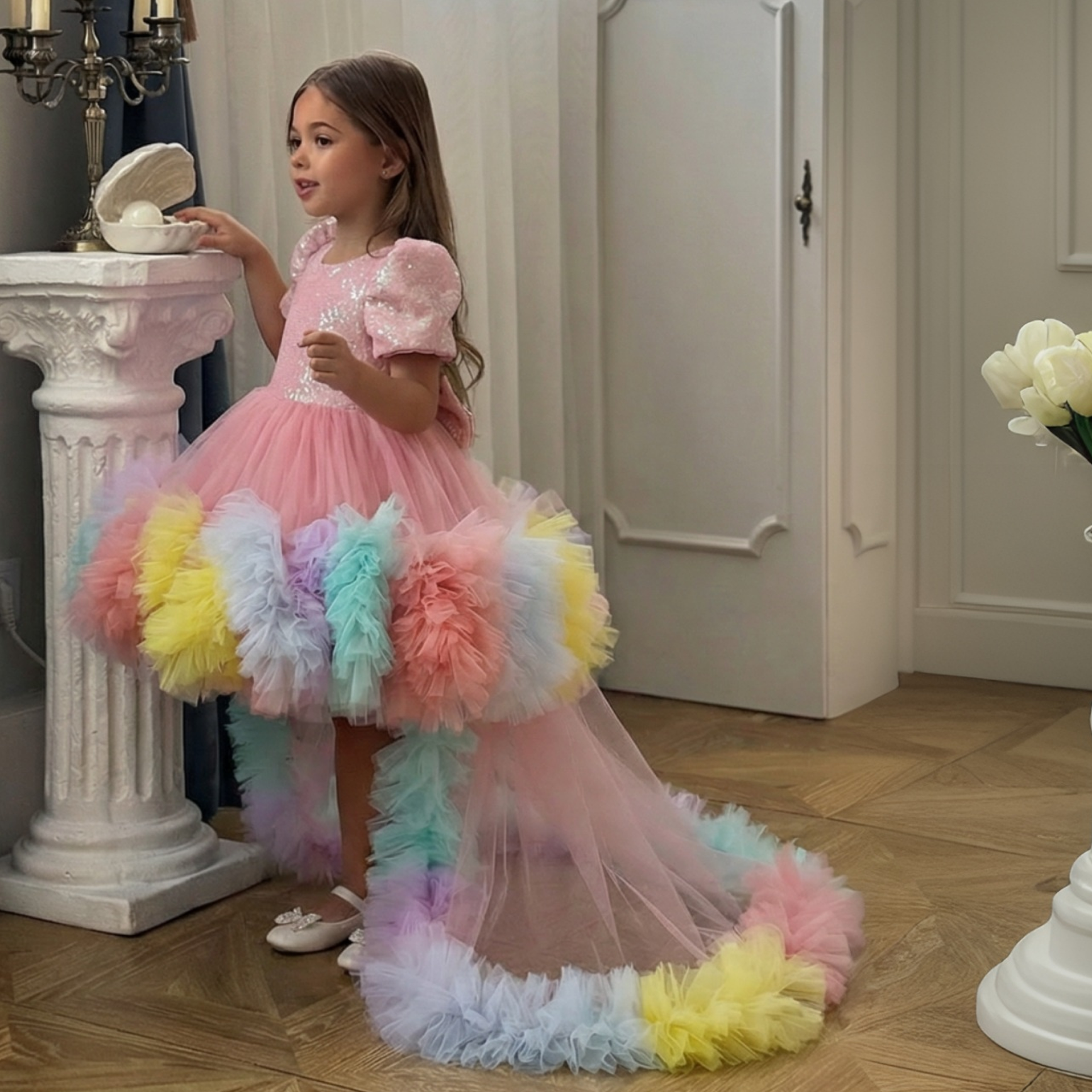 Mesh  Rosette Short Sleeve Midi Dresses - image 2