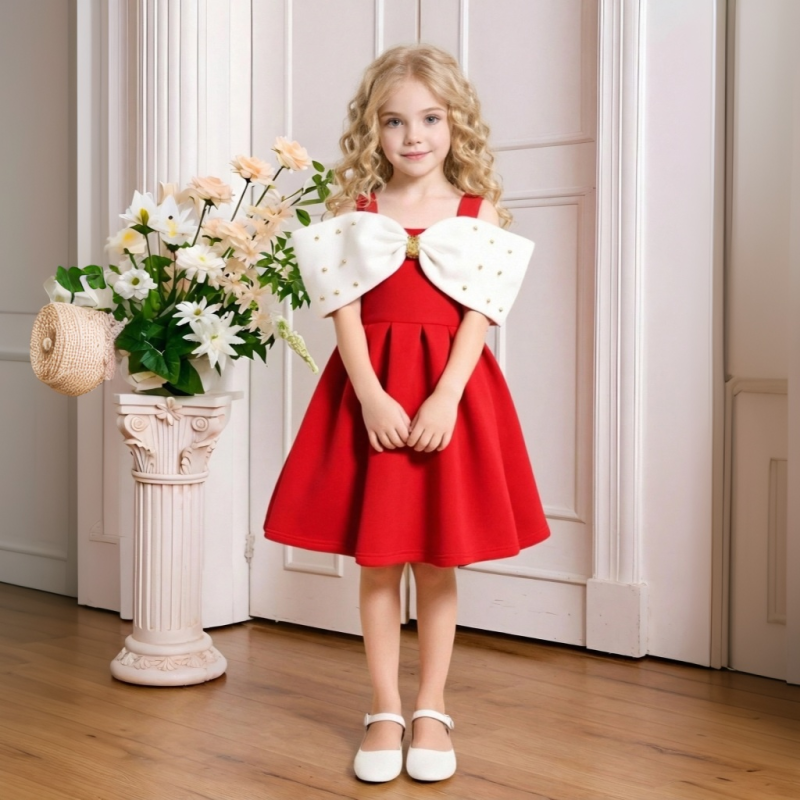 Scuba Knit Bow Short Sleeve Midi Dresses - Red - 7Y - image 12