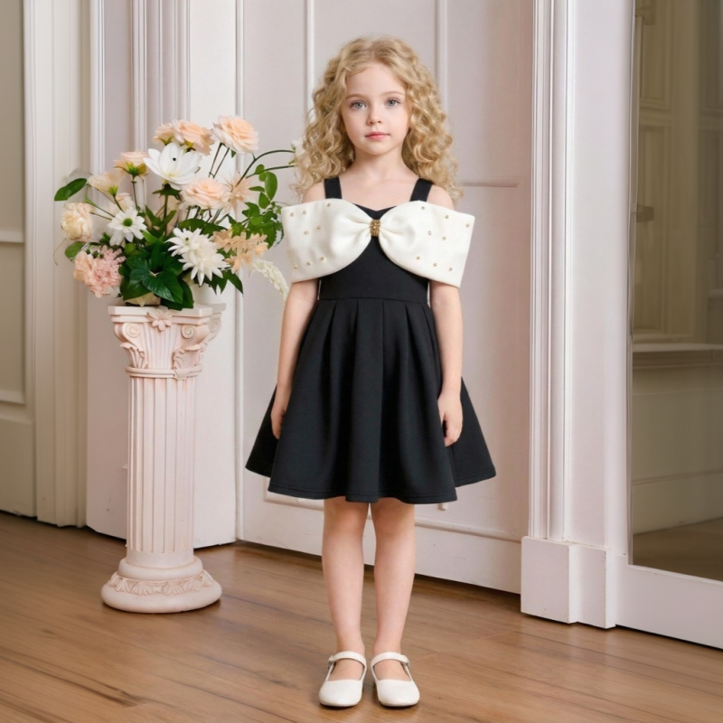 Scuba Knit Bow Short Sleeve Midi Dresses - Black - 7Y - image 11