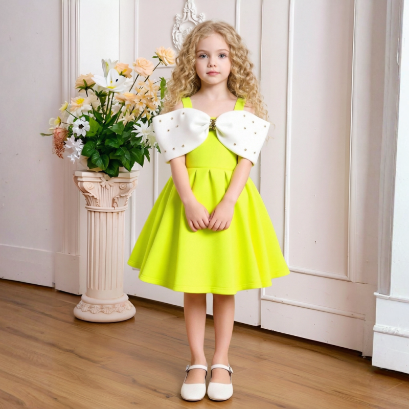 Scuba Knit Bow Short Sleeve Midi Dresses - Fluorescent Green - 7Y - image 14