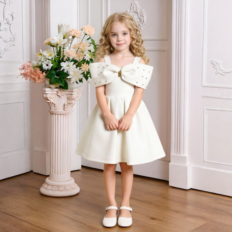 Scuba Knit Bow Short Sleeve Midi Dresses - White - 7Y - image 13