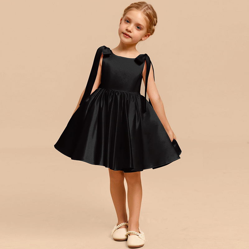 Satin Bow Sleeveless Midi Dresses - Black - 15-16Y - image 7