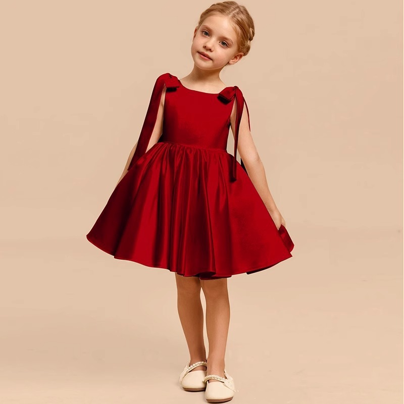 Satin Bow Sleeveless Midi Dresses - Red - 15-16Y - image 4