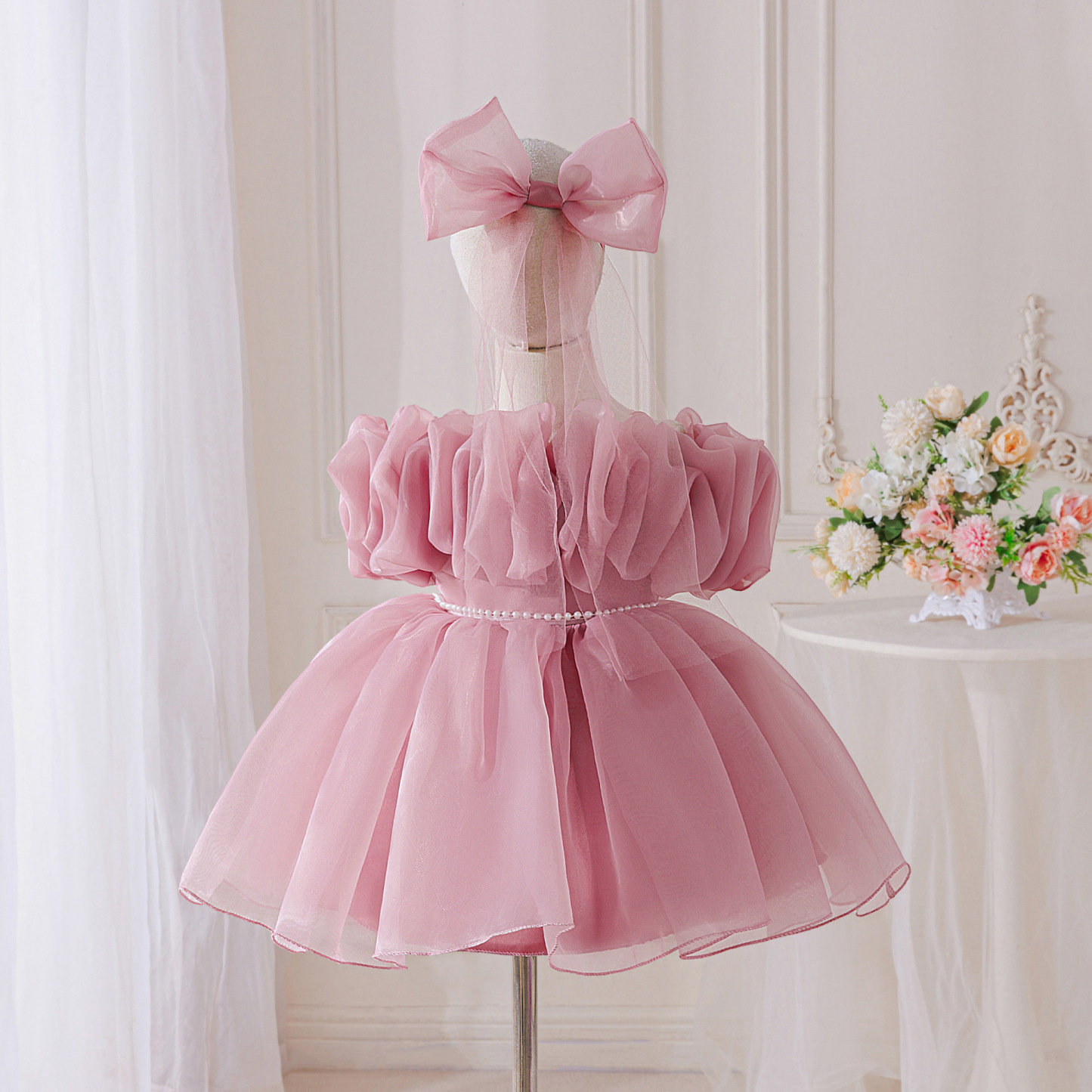 Organza Rosette Short Sleeve Midi Dresses - Dark Pink - 2-3Y - image 1