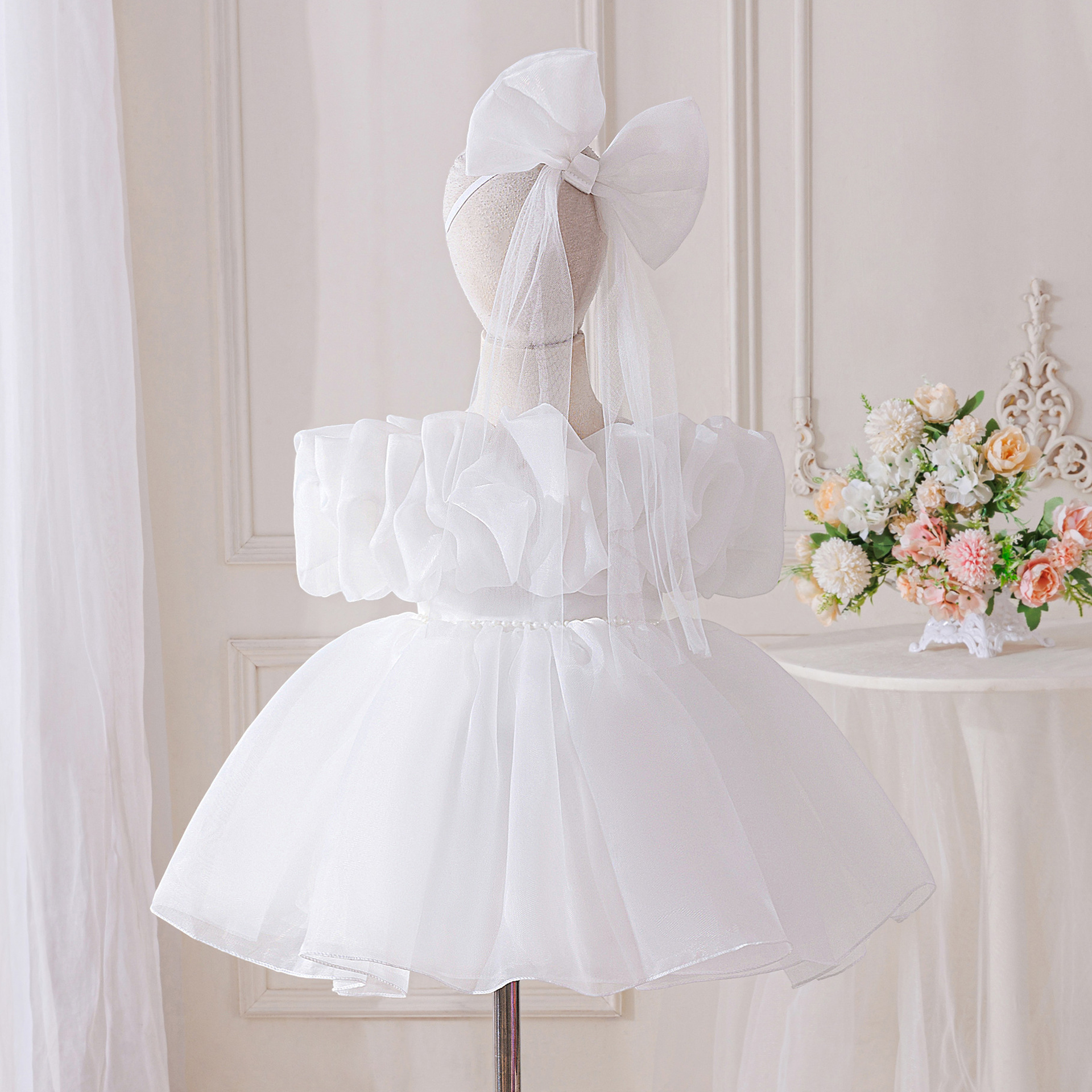 Organza Rosette Short Sleeve Midi Dresses - White - 2-3Y - image 9