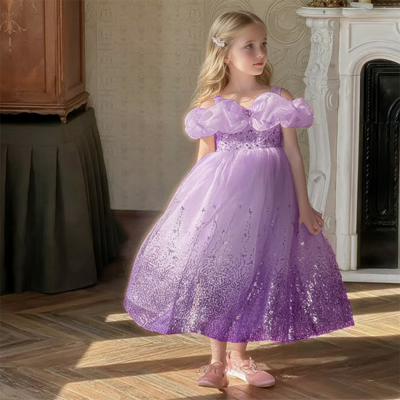 Organza Sequins Rosette Sleeveless Maxi Dresses - Purple - 11-12Y - image 1