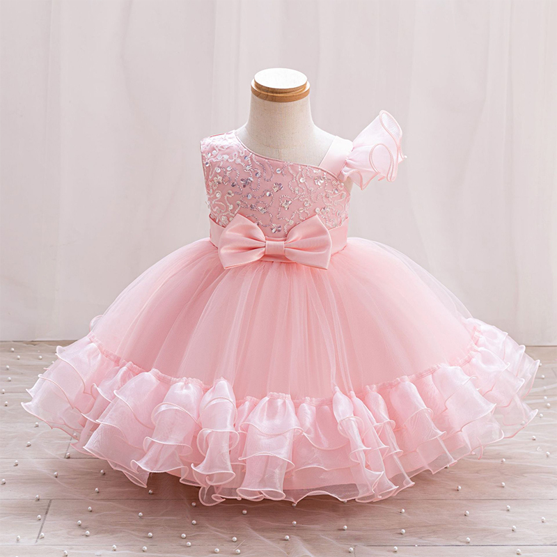 Mesh Bow Folds Sleeveless Mid-long Dresses - Pink - 6Y - image 1