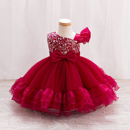 Mesh Bow Folds Sleeveless Mid-long Dresses - Wine - 6Y - image 10