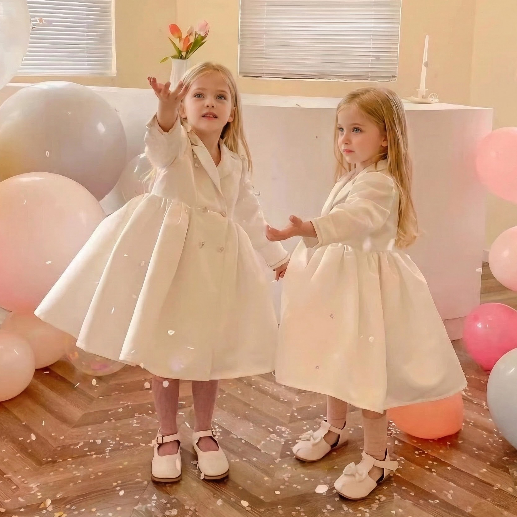 Satin Bow Long Sleeve Mid-long Dresses - White - 12-13Y - image 1