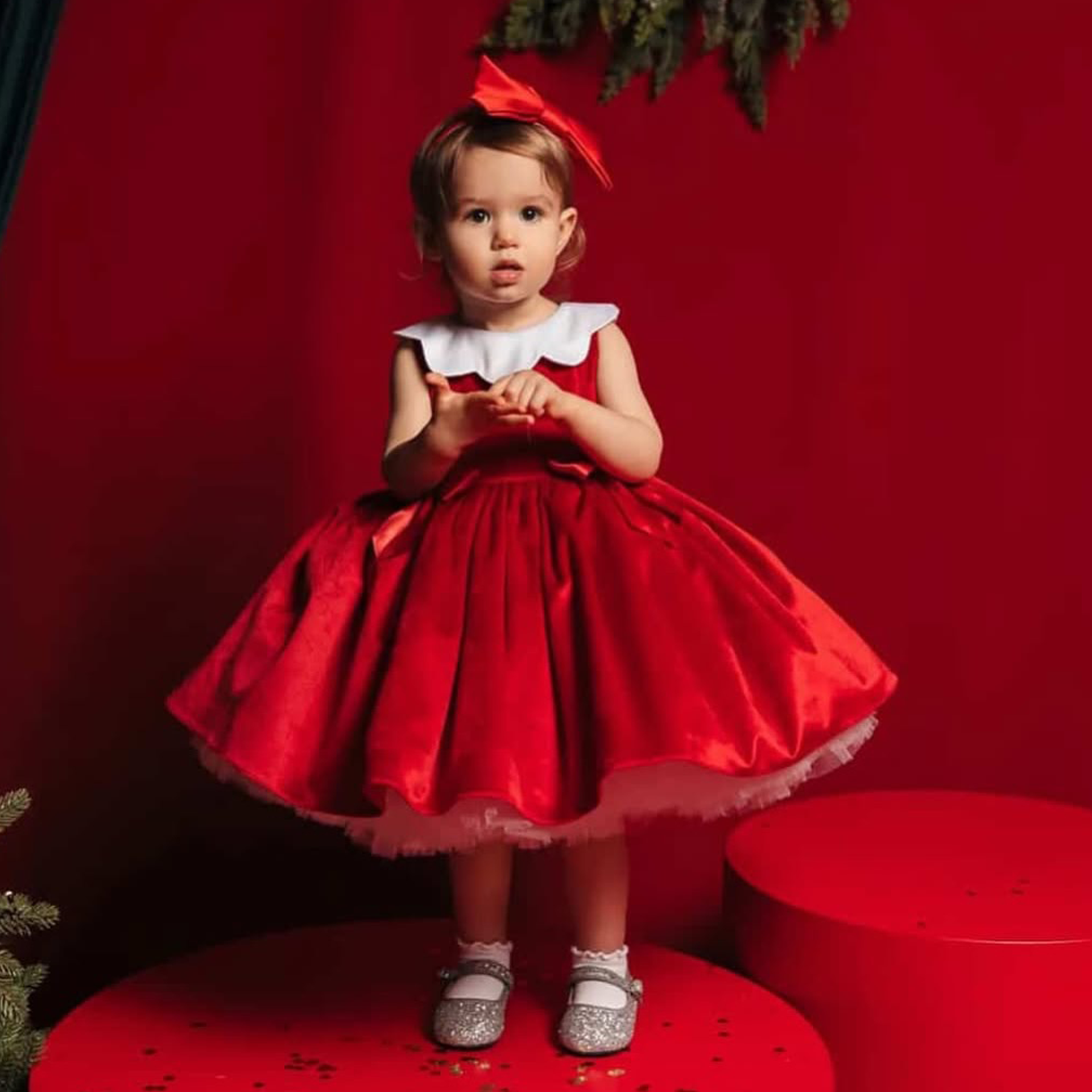 Velvet Bow Sleeveless Midi Dresses - Red - 5-6Y - image 2
