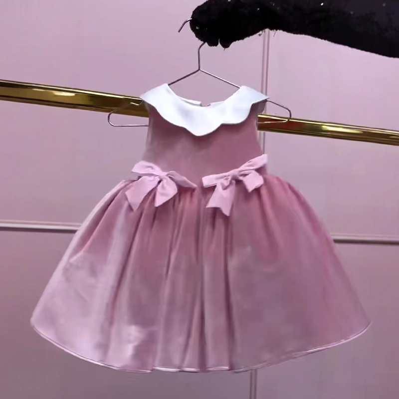 Velvet Bow Sleeveless Midi Dresses - Dark Pink - 5-6Y - image 1