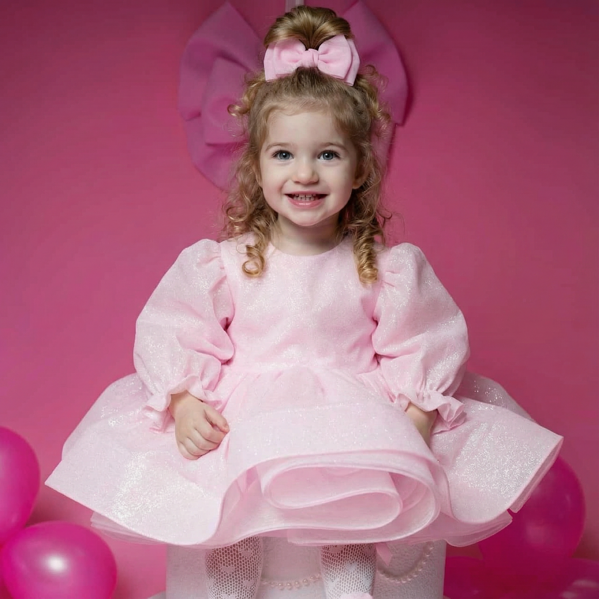 Organza Bow Long Sleeve Midi Dresses - Pink - 9-11Y - image 1