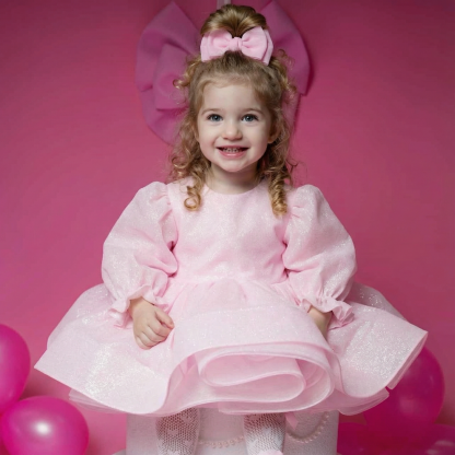 Organza Bow Long Sleeve Midi Dresses - Pink - 9-11Y - image 1