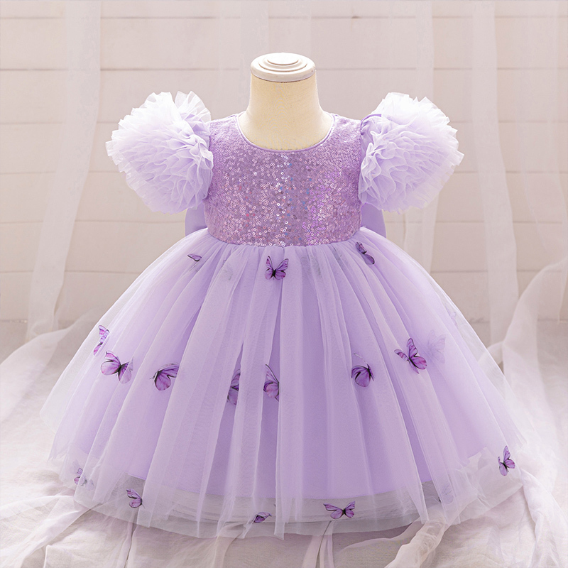 Mesh Butterfly Short Sleeve Midi Dresses - Light Purple - 2-3Y - image 1