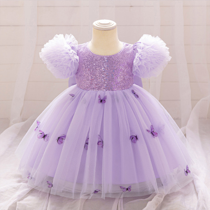 Mesh Butterfly Short Sleeve Midi Dresses - Light Purple - 2-3Y - image 1